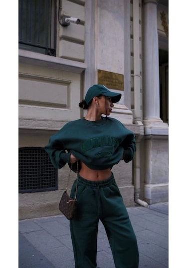 Defymoda Bisiklet Yaka Nakış İşlemeli Üç İplik Sweat Takım - Yeşil Yeşil