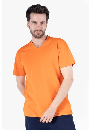 T-shirt V Yaka %100 Pamuk Turuncu