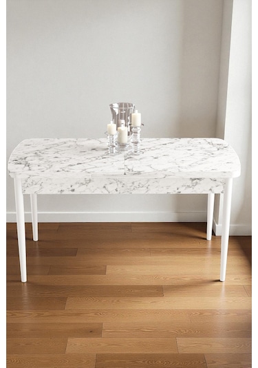 Mura Beyaz Mermer 80x132 Açılabilir Mdf Masa Yemek Odası Takımı, Mutfak Takımı 4 Adet Sandalye Gri