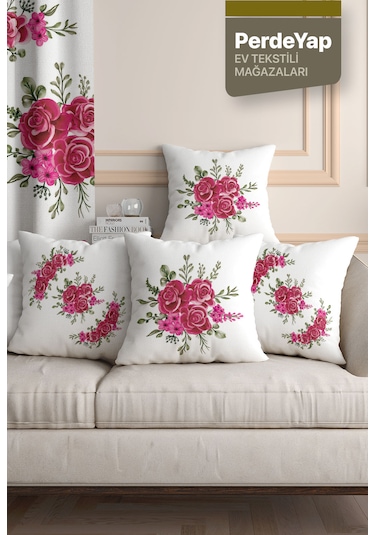 Kanaviçe Pembe Çiçek Desenli 4'lü Dijital Baskılı Kırlent Kılıfı