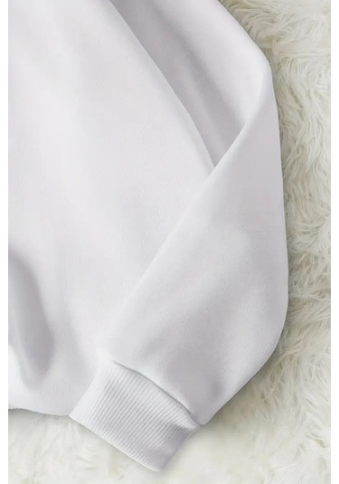 Unisex Beyaz Wanted Baskılı Bisiklet Yaka Sweatshirt- Kışlık Şardonlu Kumaş Beyaz