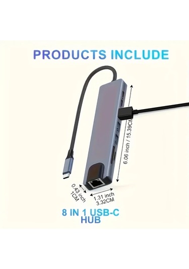 Honeybeeshop Macbook Uyumlu Ve Windows Dizüstü Bilgisayarlar İçin 8i 1 Arada Usb C Tipi 100m Rj45 Sd Tf Kart Okuyucu 4k Hdtv Adaptörü Hızlı Şarj Özellikli