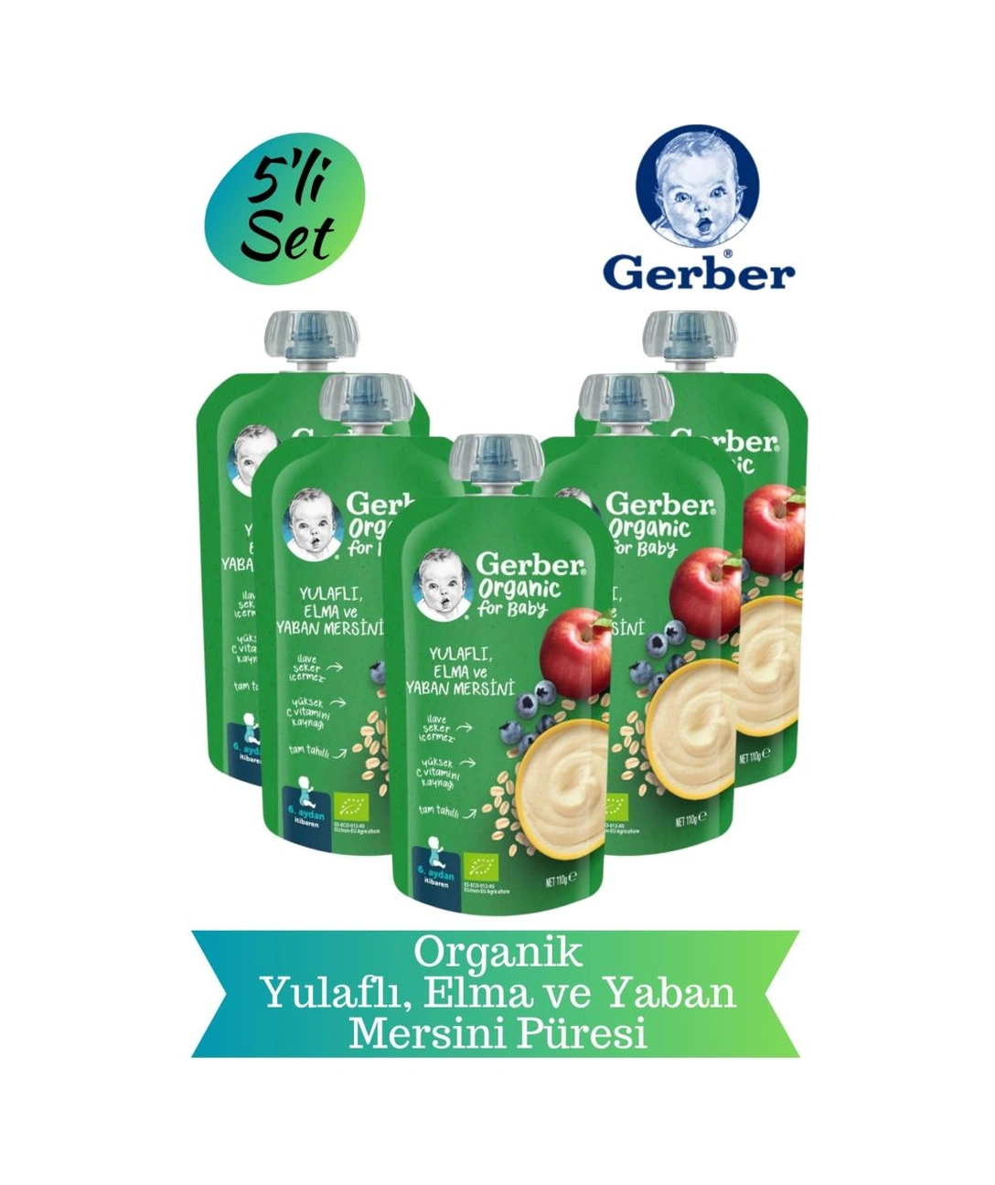 Gerber Yulaflı Elma ve Yaban Mersini Püresi 5'li Set