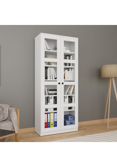 Lucas Cam Kapaklı Vitrin - Büfe - Kitaplık Ve Çok Amaçlı Dolap Ayarlanabilir Raf Beyaz
