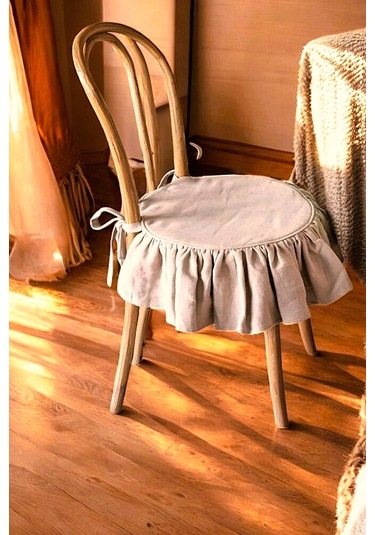 El Yapımı Yuvarlak Buldan Yıkanmıs Keten Fırfırlı Sandalye Minderi Naturel