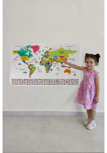 Türkçe Ülke Bayrak Lı Eğitici Başkent Detaylı Atlası Dünya Haritası Duvar Sticker -60x105-3860 Renkli
