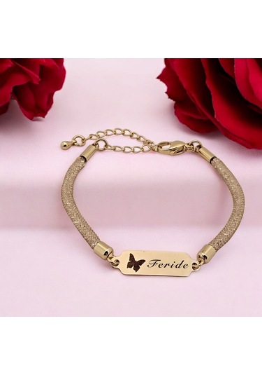 Archin Feride İsmine Özel Kelebek Motifli 14 Ayar Altın Plakalı Hasır Kordonlu Hediye Bileklik-647isim Feride