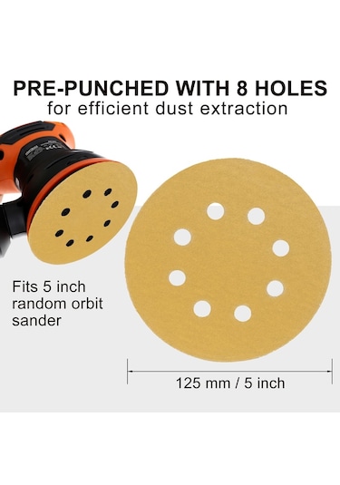 Sones 100 Adet / Kutu 5 İnç 8 Delikli Yuvarlak Disk Zımpara Kağıdı 125mm Sarı Kum Floklama Kağıdı, Kum: P80
