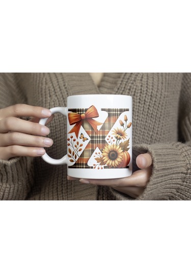 X Harfi Ekose Ve Sonbahar Temalı Kupa Bardak - Kişiye Özel Sıcak Tonlar Alfabe Kupa - Hediye Beyaz