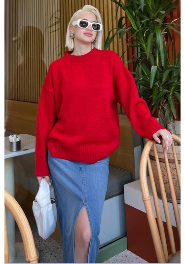 Madmext Madmext Bisiklet Yaka Oversize Triko Kazak MG1972 Kırmızı