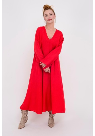 İtalyan V Yaka Uzun Kol Keten Elbise-8907 Kırmızı