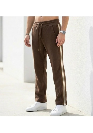 Plus Scorpion Erkek Slim Fit Eşofman Altı Yan Şeritli Pamuklu Kahverengi