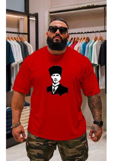 Atatürk Baskılı Oversize Unisex Tişört Kirmizi