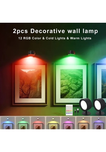 Willowhaven Black- 2 Adet Duvar Lambası, 360 Dönebilir Kablosuz Led, Uzaktan Kumandalı Rgb+2 Renk, Zamanlayıcı, Dimlenebilir, Usb Şarjlı, Dekoratif Aydınlatma