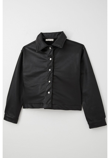 Breeze Kız Çocuk Deri Ceket Kabartma Desenli Çıtçıtlı 9-14 Yaş, Siyah Siyah