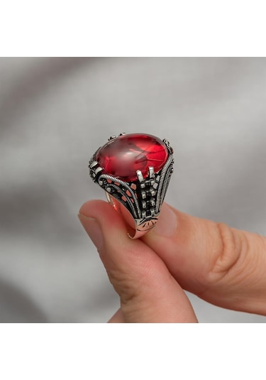 Kırmızı Lal Taşlı Oval 925 Gümüş Erkek Yüzük