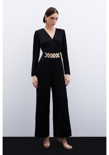 Sateen Birleşik Kemerli Saten Tulum - Siyah-136068 Siyah