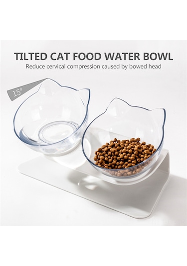 Lemestar Kedi Köpek İçin 15 Derece Eğimli Transparent Çift Kase - Boyun Omurga Koruyucu, Kulaak Yorgunluğunu Önleyen Plastik Besleme Tabağı Opp Paketli