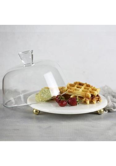 Akayev Mermer 25 CM Altın Boncuk Ayaklı Beyaz Cam Fanus