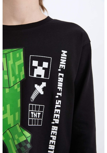 DeFacto Erkek Çocuk Minecraft Pijama Takımı Bisiklet Yaka Uzun Kollu Üst Beli Lastikli Uzun Alt D8101A824WNBK81