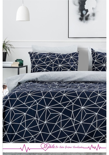 Battal Boy Lüks Pamuklu Nevresim Seti Lacivert Geometrik Desen Çok Renkli