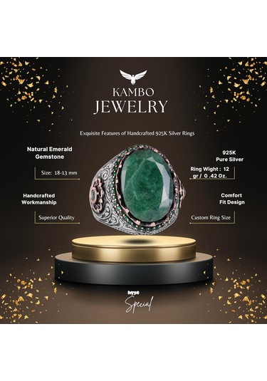 Gerçek Doğal Taş Yüzük - 925 Ayar Gümüş El Yapımı Yüzük Zümrüt Gümüş