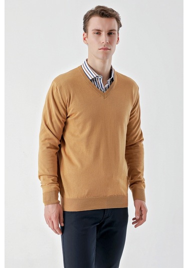 Morven Erkek Camel Basic V Yaka Dynamic Fit Rahat Kesim Triko Camel