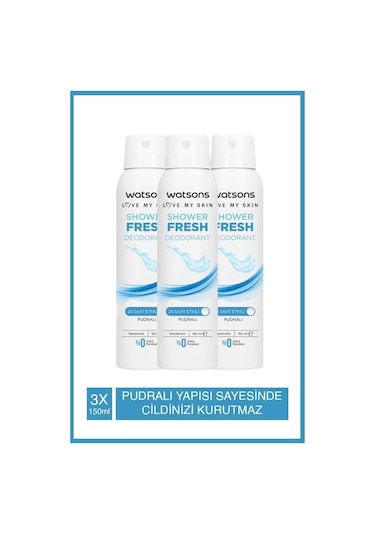 Watsons Shower Fresh Pudralı 24 Saat Etkili Kadın Sprey Deodorant 3 x 150 ML