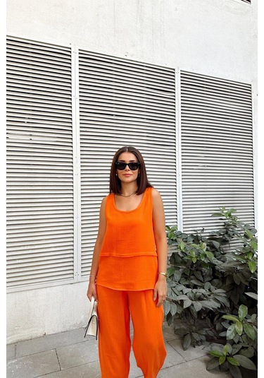 Turuncu İthal Müslin Kumaş, Basic, Katlı, Salaş Askılı Bluz & Atlet Turuncu