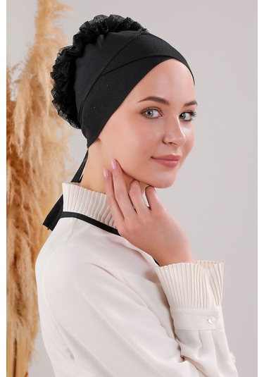 Tesettür Fırfırlı Çapraz Bone Siyah Siyah