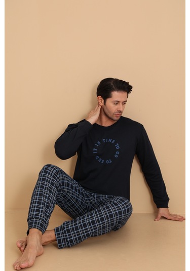 Falkom 7003 İnterlok Kışlık Ekose Pijamalı Erkek Pijama Takımı Lacivert