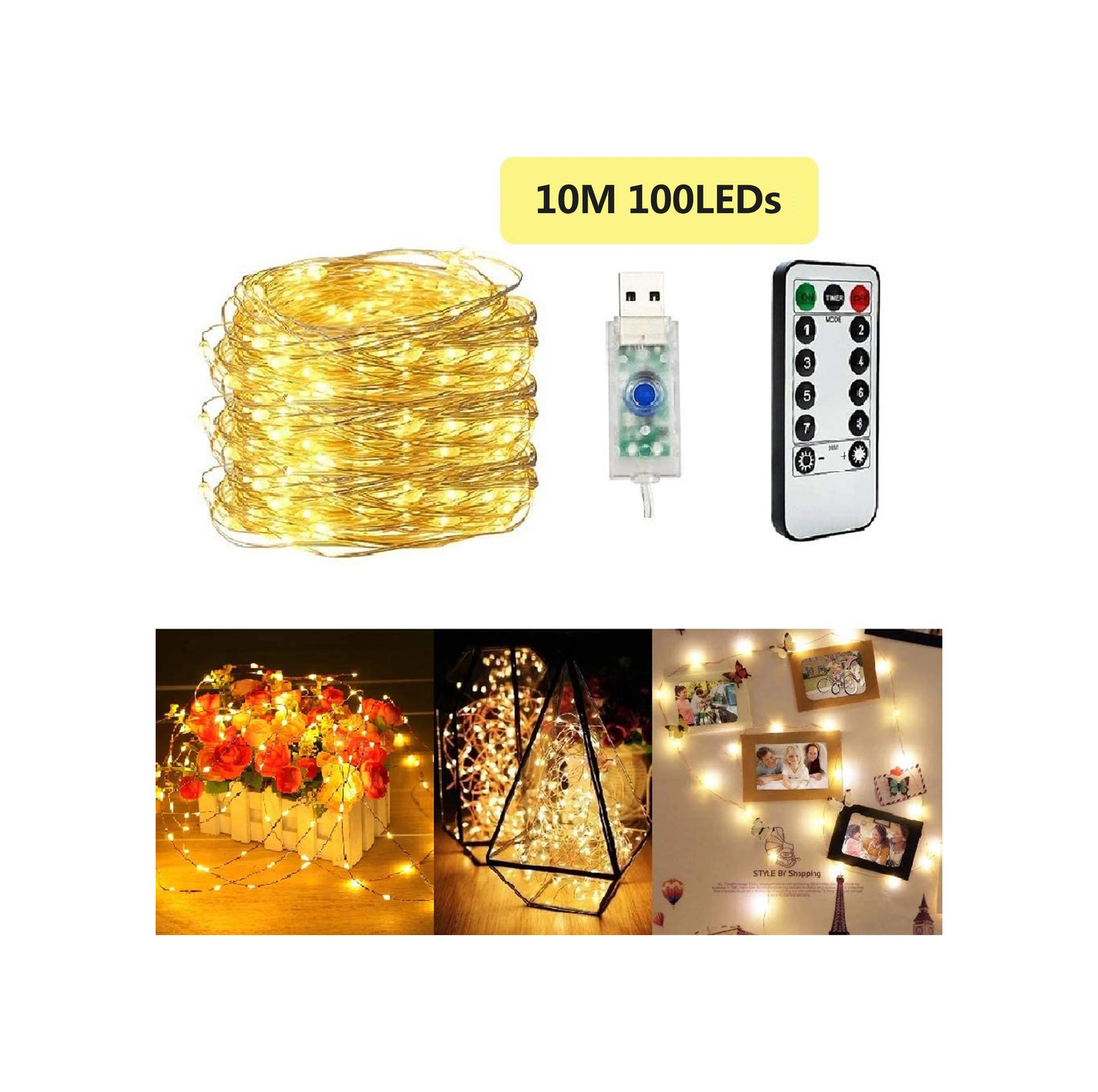 Yuntech01 10m 100 Led Bakır Tel Işıklı Zincir, Usb Beslemeli, 8 Modlu, Isınma Beyazı, Su Geçirmez, Kumandalı Odalar İçin Dekoratif Aydınlatma Pil Dahil Değil Çok Renkli