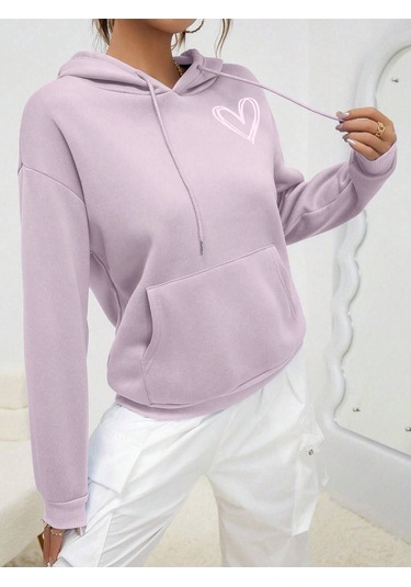 Unisex Kadın/Erkek Kalp Desenli Kanguru Cepli Düşük Omuz Ipli Kapüşonlu Üst