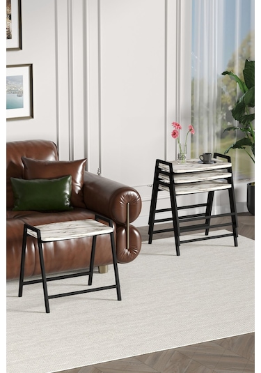 Zigon Sehpa , Aden 4'lü Tepsi Zigon Sehpa Takımı Siyah Metal - Beyaz Mermer Tabla Siyah-beyaz Mermer