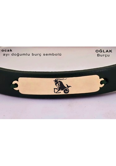 Archin Oğlak Burçlarına Yeşil Derili 14 Ayar Altın Plakalı Dikdörtgen Motifli Hediye Bileklik-371burç Oğlak