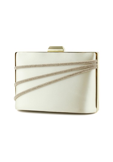 Erkan Saçmacı Ten Saten Taşlı Altın Metal Saplı Zincir Askılı Abiye Çanta Ten