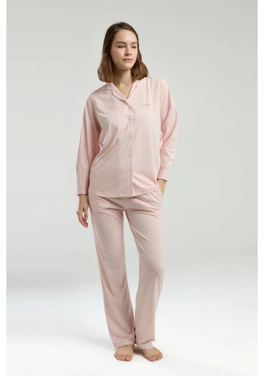 Pierre Cardin Modal 9020 Uzun Kol Önden Düğmeli Kadın Pijama Takımı V1 Açık Coral