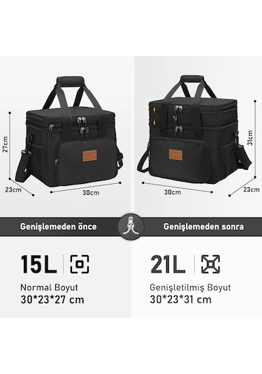 Haegs Körüklü Termal Termos Çanta, Çift Bölmeli, Genişleyebilen Soğuk Sıcak Tutucu Yalıtımlı Beslenme Çantası, Soğutucu Buzluk Yemek Taşıma Çantası 21l - Siyah