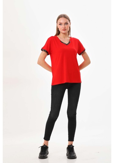 Sistas Kadın V Yaka Kısa Kol Bluz 23152 Kırmızı