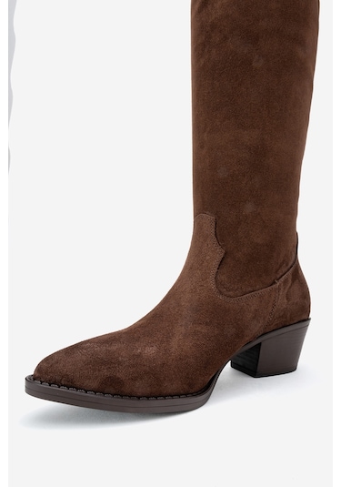 Rios Kahverengi Hakiki Deri Süet Püsküllü Kadın Kalın Topuklu Çizme Kahverengi