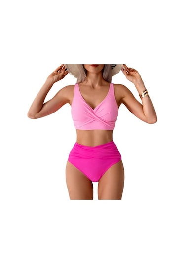 2 Adet/set Kadın Bikini Seti Derin V Yaka Dolgulu Telsiz Sütyen Yüksek Bel Yüzme Şortu Seti Düz Renk Yırtmaçlı Tasarım Plaj Giyim Pembe 2 Adet/set Kadın Bikini Seti Derin V Yaka Dolgulu Telsiz Sütyen Yüksek Bel Yüzme Şortu Seti Düz Renk Yırtmaçlı Tasarım Plaj Giyim Pembe