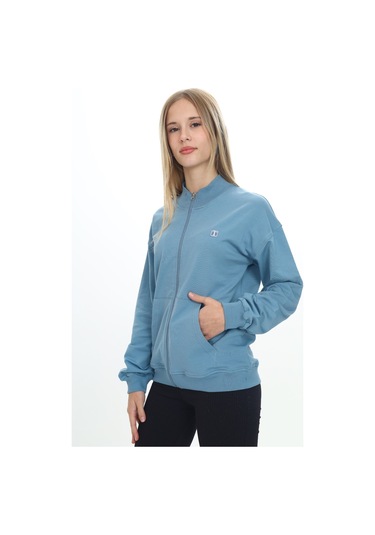 Toontoy Kız Çocuk Dik Yaka Fermuarlı Cepli Nakış Baskılı Örme Hırka - 2 İplik Mavi