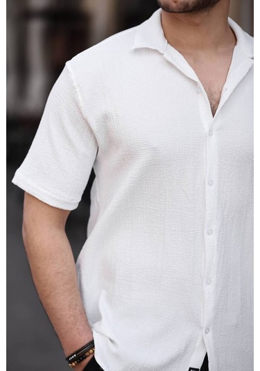 Tex Republic Erkek Beyaz Oversize Yazlık Bürümcük Gömlek Beyaz
