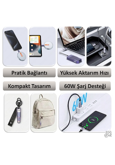 Jeyı 2in1 Manyetik Usb Otg 60w Şarj Destekli Adaptör Seti 20gbps Type-c & 10gbps Usb-a Dönüştürücü