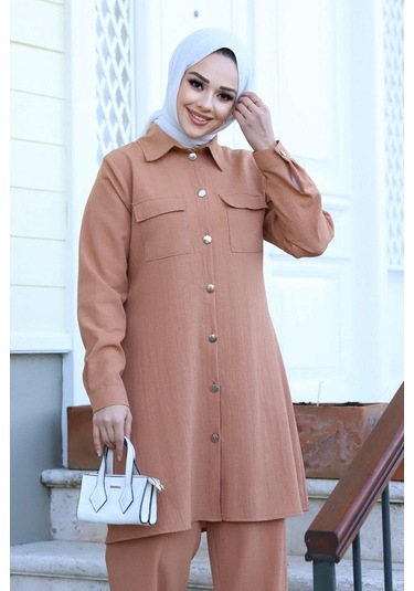 Cep Detaylı Tesettür Camel Takım Camel