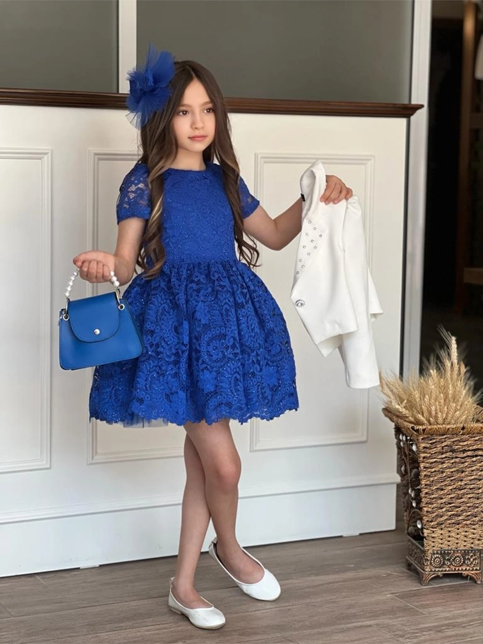 Uğur Böceği Çocuk Kız Çocuk 4'lü Şık Abiye Takım Elbise Ceket Çanta Toka Saks