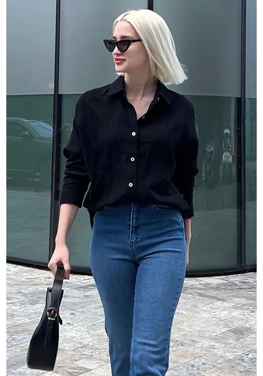 Madmext Siyah Muslin Kumaş Basic Kadın Gömlek Mg1660 Siyah