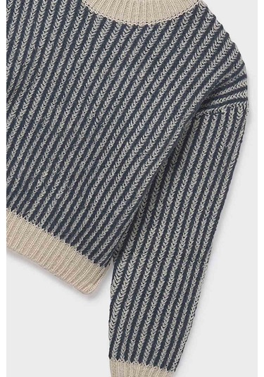 Kız Çocuk Çizgili Triko Kazak Yeşil Charcoal Melange