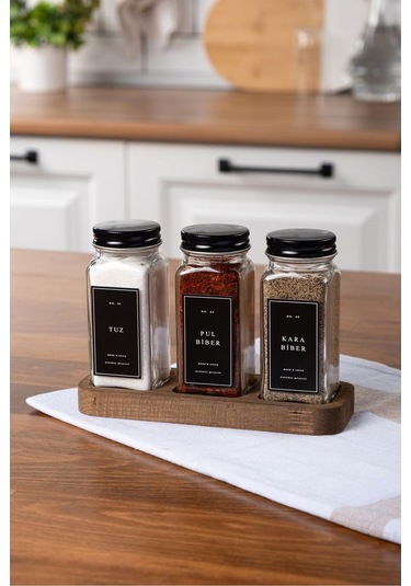 Mienda Home 3'lü Ahşap Standlı Cam Baharatlık Seti Siyah Kapaklı Etiketli Baharatlık Mh01syh03 Siyah - Şeffaf