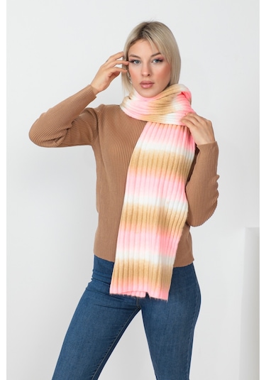 Çizgi Geçişli Çok Renkli Atkı 23aj0014-pembe Pembe